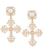 Guess Gold-tone Crystal & Imitation Pearl Large Cross Drop Earrings