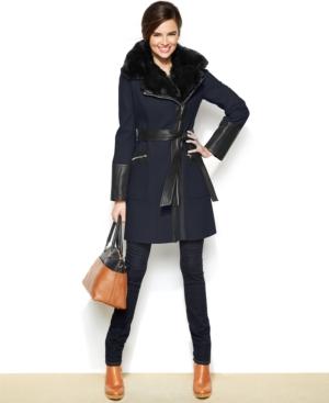 Via Spiga Faux-fur-trim Mixed-media Walker Coat