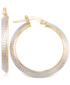 Two-tone Textured Hoop Earrings In 14k Yellow And White Gold, Made In Italy