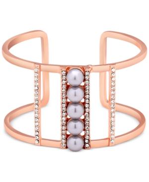 Guess Rose Gold-tone Imitation Pearl And Pave Openwork Cuff Bracelet