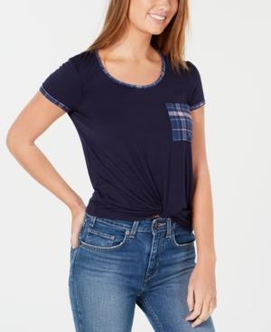 Self Esteem Juniors' Plaid Twist-front Pocket T-shirt