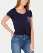 Self Esteem Juniors' Plaid Twist-front Pocket T-shirt