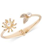 Anne Klein Gold-tone Imitation Pearl And Crystal Hinged Bangle Bracelet