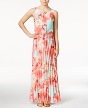 B Darlin Juniors' Floral-print Chiffon Pleated Maxi Dress