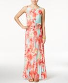 B Darlin Juniors' Floral-print Chiffon Pleated Maxi Dress