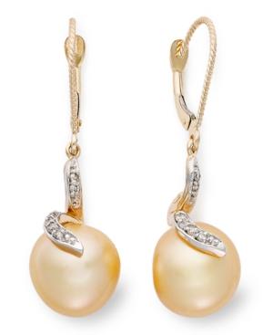 14k Gold Earrings, Cultured Golden South Sea Pearl (11mm) And Diamond (1/8 Ct. T.w.) Earrings