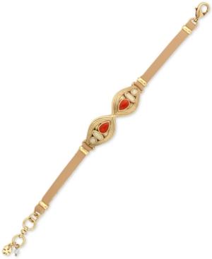 Lucky Brand Gold-tone Colored Stone Brown Leather Bracelet
