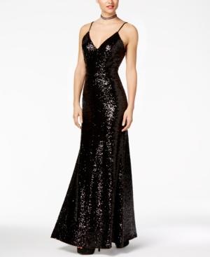 B Darlin Juniors' Open-back Sequined V-neck Gown