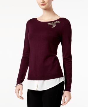 Charter Club Layered-look Brooch Sweater, Created For Macy's