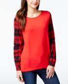 G.h. Bass & Co. Plaid-sleeve Crew-neck Top