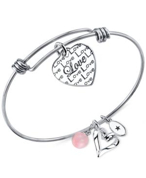 Unwritten Love Charm And Rose Quartz (8mm) Bangle Bracelet In Stainless Steel
