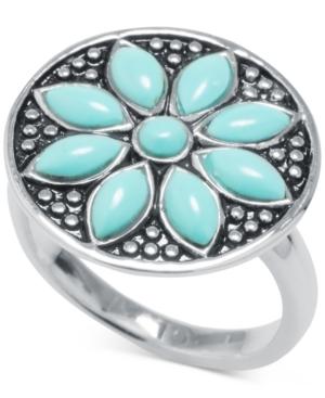 Manufactured Turquoise Flower Ring In Sterling Silver