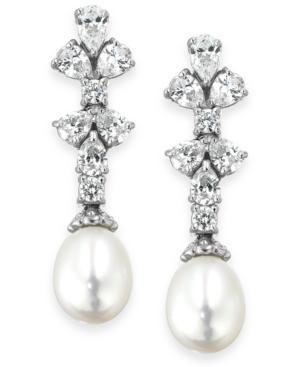 Arabella Bridal Cultured Freshwater Pearl (7mm) And Swarovski Zirconia (2-1/4 Ct. T.w.) Drop Earrings In Sterling Silver