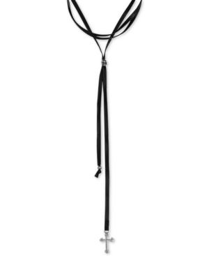 King Baby Cross Leather Choker Lariat Necklace In Sterling Silver, 12 + 1-1/2 Extender