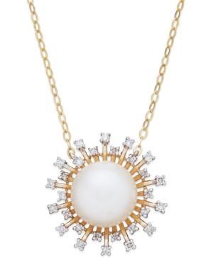Cultured Freshwater Pearl (9mm) And Diamond (1/8 Ct. T.w.) Pendant Necklace In 14k Gold