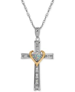 Opal (1/8 Ct. T.w.) And Diamond Accent Cross Pendant Necklace In Sterling Silver And 14k Gold