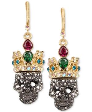 Betsey Johnson Two-tone Pave And Crystal Crowned Skull Drop Earrings