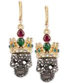 Betsey Johnson Two-tone Pave And Crystal Crowned Skull Drop Earrings