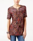 Ny Collection Petite Printed Lace-up Peasant Tunic