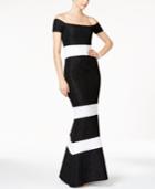 Xscape Glitter Striped Off-the-shoulder Gown