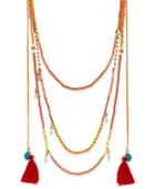 Gold-tone Beaded Cord Layered Tassel Necklace