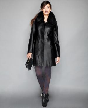 The Fur Vault Fox Fur Collar & Rabbit Fur-lined Leather Walker Coat