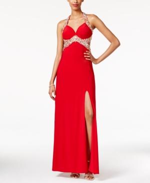 Blondie Nites Juniors' Jeweled Ruched Side-slit Gown