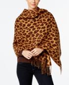 Anne Klein Woven Leopard-print Split Wrap Fringe Poncho
