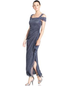 Alex Evenings Cold-shoulder Draped Glitter Gown