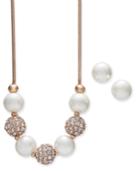 Charter Club Rose Gold-tone Pave Bead And Imitation Pearl Collar Necklace & Stud Earrings
