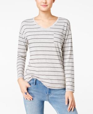 Rebellious One Juniors' V-neck Striped Pocket Tee