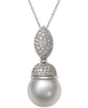 Cultured South Sea White Pearl (9mm) And Diamond (3/8 Ct. T.w.) Pendant Necklace In 14k White Gold