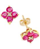 Ruby (1-1/3 Ct. T.w.) And Diamond Accent Flower Earrings In 10k Gold