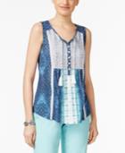 Style & Co Petite Printed Embroidered Tassels Top, Created For Macy's