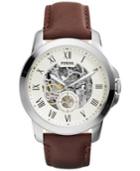 Fossil Men's Automatic Grant Brown Leather Strap Watch 44mm Me3052