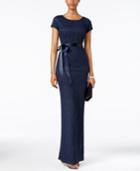 Adrianna Papell Short-sleeve Beaded Jacquard Gown