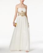 B Darlin Juniors' Floral Lace Glitter Strapless Empire-waist Gown