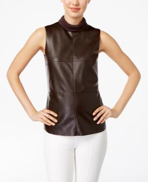 Alfani Petite Faux-leather Mock-neck Top, Only At Macy's