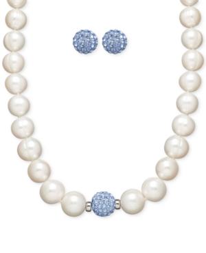 Honora Style Cultured Freshwater Pearl (7mm) And Blue Crystal Stud Jewelry Set In Sterling Silver