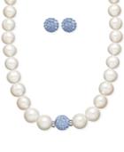 Honora Style Cultured Freshwater Pearl (7mm) And Blue Crystal Stud Jewelry Set In Sterling Silver