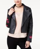 The Edit By Seventeen Juniors' Rose-embroidered Faux-leather Jacket