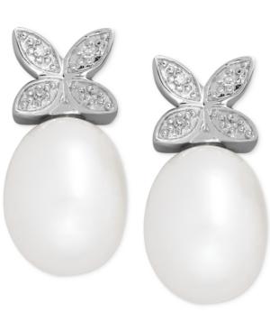 Cultured Freshwater Pearl (9 X 7mm) And Diamond Accent Butterfly Stud Earrings In Sterling Silver