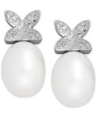 Cultured Freshwater Pearl (9 X 7mm) And Diamond Accent Butterfly Stud Earrings In Sterling Silver