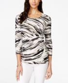 Jm Collection Petite Three-quarter-sleeve Printed Jacquard Top, Only At Macy's