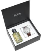 Hugo Boss Men's Ambassador Brown Leather Strap Watch & Fragrance Gift Set 42mm 1513136