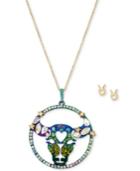 Betsey Johnson Two-tone Multi-stone Taurus Zodiac Pendant Necklace & Stud Earrings