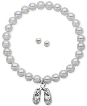 Children's Cultured Freshwater Pearl (3-1/2-4mm) Ballerina Slipper Stretch Bracelet And Matching Stud Earrings In Sterling Silver