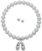 Children's Cultured Freshwater Pearl (3-1/2-4mm) Ballerina Slipper Stretch Bracelet And Matching Stud Earrings In Sterling Silver