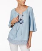 Style & Co Petite Embroidered Chambray Peasant Top, Created For Macy's