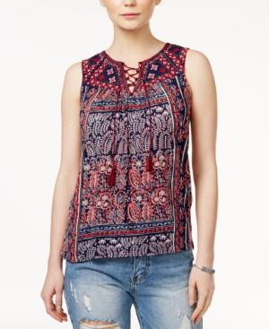 Lucky Brand Embroidered Tassel Top